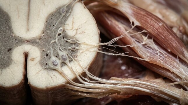 Spinal muscular atrophy: motor neuron, nerve fiber, muscle tissue, anterior horn, genetic disorder, axon degeneration, cellular decay, neurological disease, somatic cell, anatomy detail.