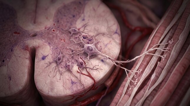 Cord cell damage: spinal muscular, atrophy SMA, pathology motor, neuron tissue, fiber nerve, connection axon, degeneration anatomical, synapse dendrite, skeletal weakness, neurological genetic.