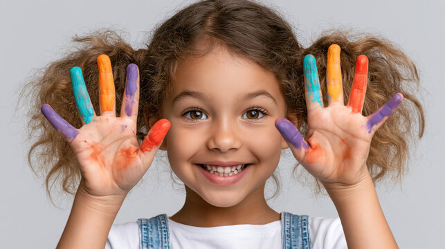 Smiling girl with painted hands studio portrait colorful fingers child playful happy messy art creative cute front view