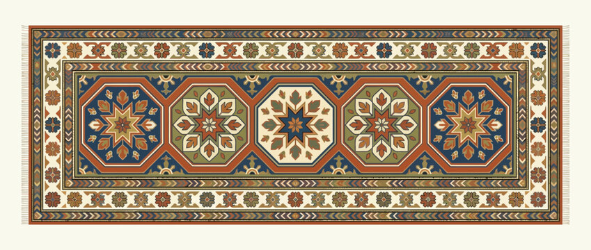 Vintage Ornamental Runner Rug with Octagonal Floral Motifs