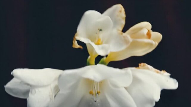 White freesia flower buds bloom against a dark background