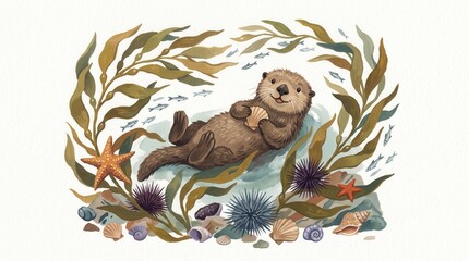 Naklejka premium A happy otter floats on its back in a kelp forest, holding a seashell amidst marine life