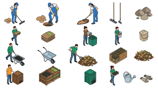 Isometric Vector Illustration Of Gardening Tools And Compost Materials