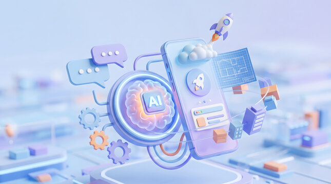 Artificial intelligence mobile application and tech startup launch concept with 3D isometric illustration of a smartphone and a mini rocket near an AI brain core with chat bubbles