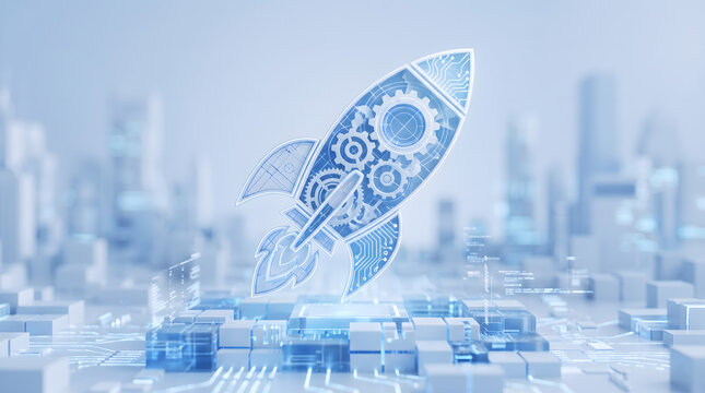 Business startup launch and tech growth concept with 3D illustration of a glowing rocket filled with mechanical gears launching from a crystal circuit platform over a blurred city background