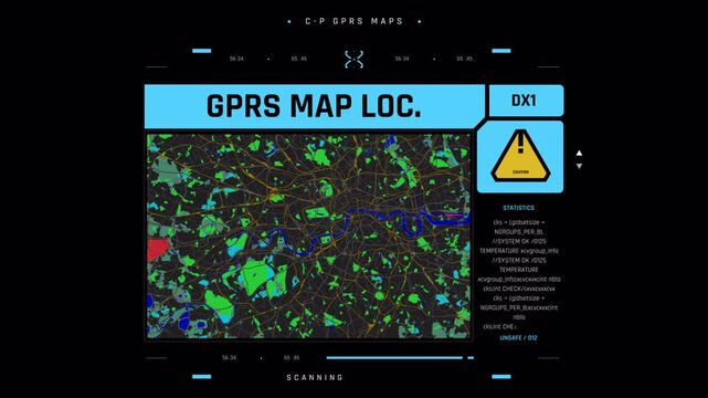 Futuristic Digital HUD Interface Showing GPRS Mapping Location Analysis.
