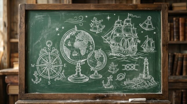 Vintage green chalkboard with chalk drawings of globes and ships. Classroom setting with wooden bookshelves in the background.