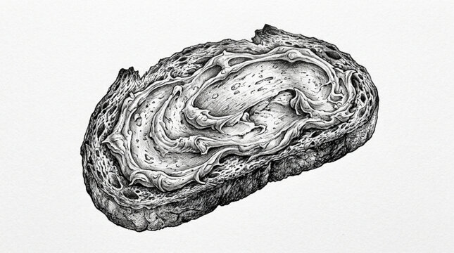 Detailed black and white illustration of toast with a generous spread of creamy peanut butter, showcasing intricate textures and shading on a white background