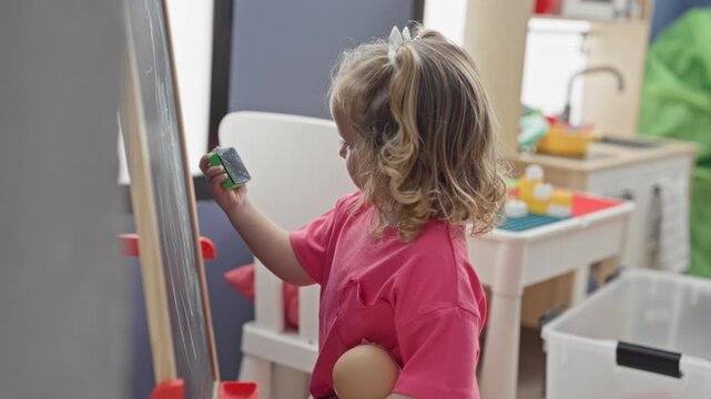 Little girl wiping chalkboard with green eraser while holding a doll in a building; playful learning curiosity.