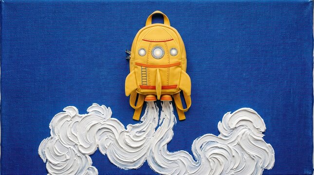 Yellow rocket backpack launching into the sky with white textured paint clouds. Creative back to school concept on blue canvas background.