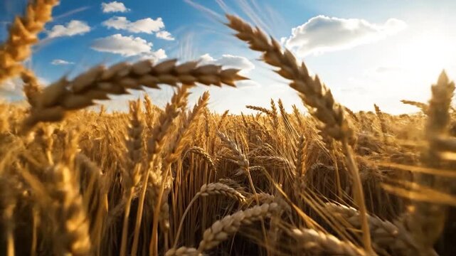 Golden wheat field glows under a bright blue summer sky