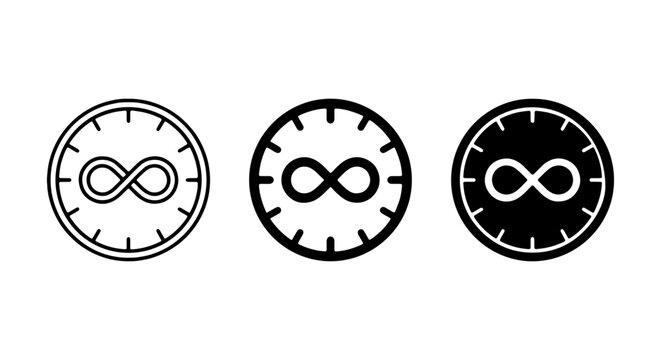 Infinity Symbol Clock Icons, Infinite Time Concept, Endless Loop Vector Graphics