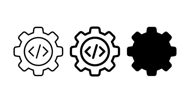 Coding Gear Icons, Software Development Cogwheel Symbols, Programming Machine Elements