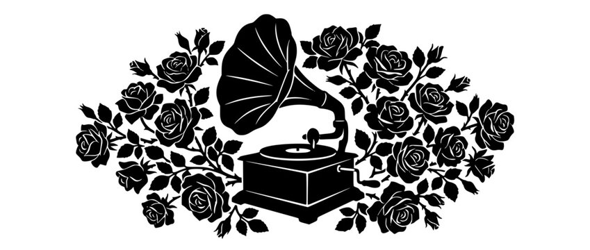 Vintage gramophone with roses silhouette vector illustration