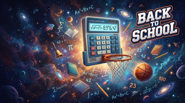 Calculator with basketball hoop floating in outer space with school supplies. Back to school text with math equations in a cosmic background.