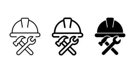 Fototapeta premium Construction Safety Helmets with Crossed Tools, Industrial Icons Set, Hard Hat and Wrench Vector Graphics