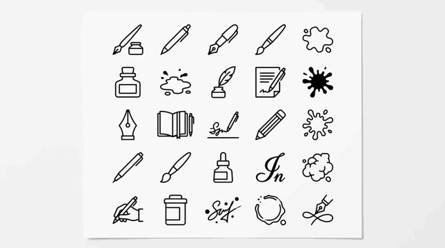 Hand-drawn writing and drawing icons: pens, brushes, ink, paper, doodles, and scribbles
