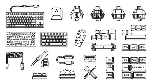 Mechanical Keyboard Parts and Accessories Line Art Icons - Vector Illustration