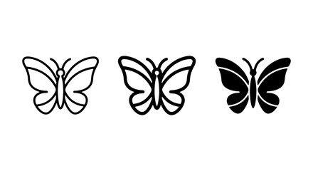 Minimalist butterfly icon set, black line art insect symbols, 3 vector butterfly wing silhouettes © MR
