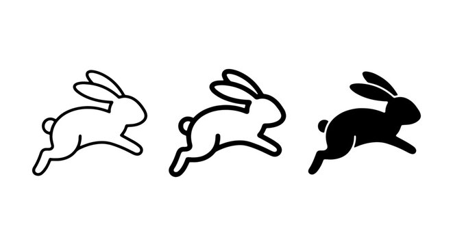 Minimalist jumping rabbit icons, set of 3 black bunny silhouettes, running hare vector graphics
