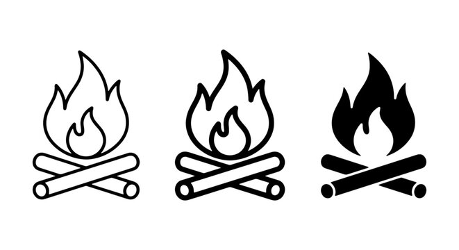 Minimalist campfire icon set, black bonfire line art, outdoor camping fire vector illustrations