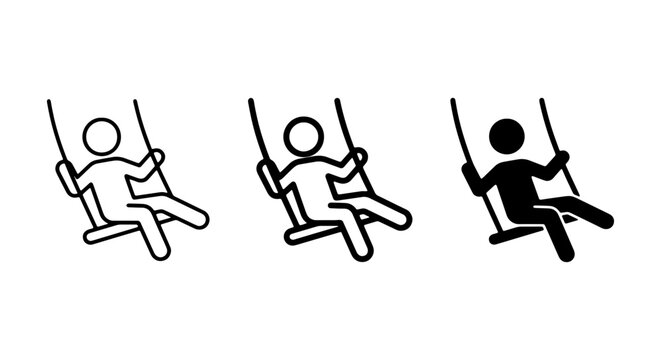 Minimalist swing icon set, person on a playground swing vector, black outline and solid stick figure