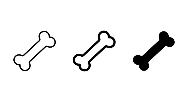 Minimalist dog bone icon set, black pet treat vector symbols, simple animal food outline graphics