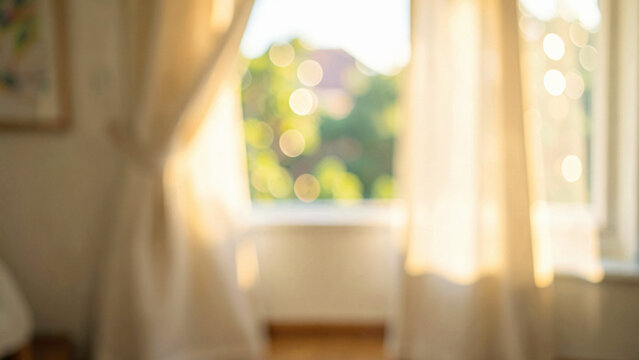 Curtains in a fully defocused interior of a bright sunlit room with soft window bokeh