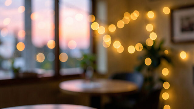 String light garland in a soft dreamy out of focus a warm cafe shade