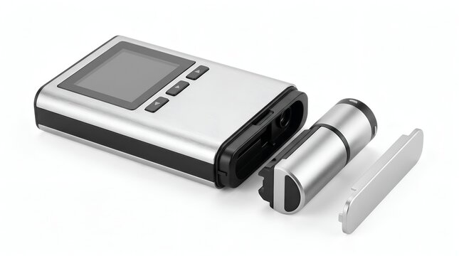 Digital refractometer with prism and sample plate on white background