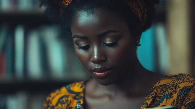 Determined young woman looking down with warm smile