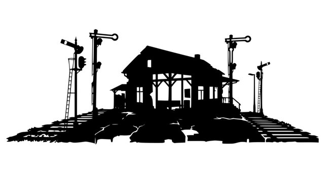 Silhouette of an old railway station with semaphore signals and tracks