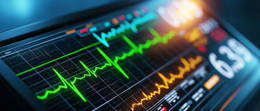 Electrocardiogram monitor with glowing line graphs in dark medical interface, closeup of heartbeat pattern and vital sign display