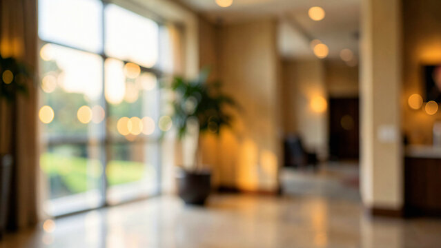 Hotel lobby with green plant in a fully defocused interior of an elegant space