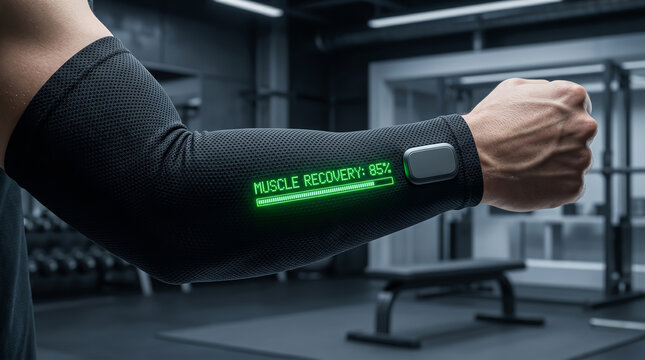 Sophisticated muscle recovery monitoring through a futuristic wearable compression sleeve interface tracking metabolic data in a modern gym setting.