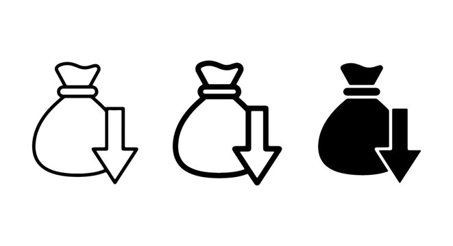 Money Bag Down Arrow Icons, Financial Loss Vector Set, Economic Decline Symbols