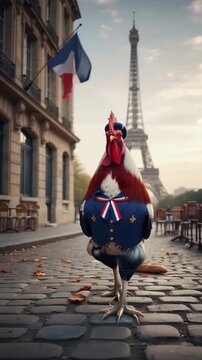 Rooster wearing beret and jacket walking on Paris street. Gallic chicken symbol of France with baguette near Eiffel Tower. National holiday celebration concept. Vertical video