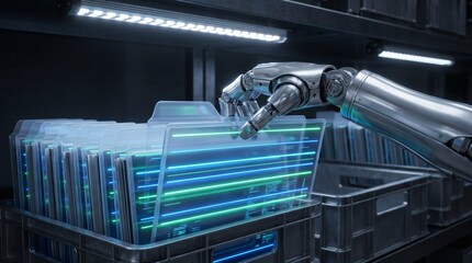 Naklejka premium A robotic hand retrieving a digital file from a storage container in a futuristic warehouse.