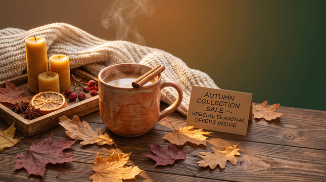Cozy autumn still life with steaming mug, cinnamon, candles and fallen leaves on table. Autumn collection sale. Special seasonal offers inside. Promotional offer marketing. Promotion web banners.
