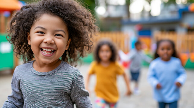 Outdoor front view of joyful children running toward camera in school courtyard, happy childhood symbol, smiling girl in foreground sharply in focus and other laughing children in blurred background 