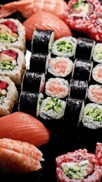 Sushi rolls are placed on a tray with a variety of fillings. Bright colors from the fish and vegetables stand out. People enjoy eating sushi at the restaurant during dinner time.