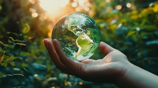 Hand holding Earth in forest
