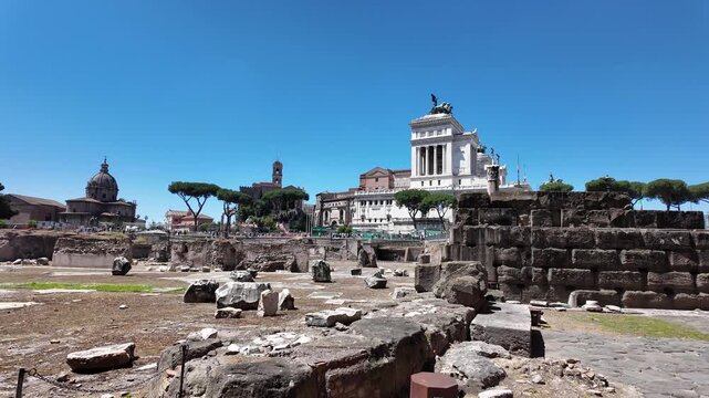 Cinematic View Of The Vittoriano Monument From Trajan's Forum In Rome