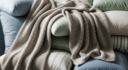 Obraz premium Beige textured knit throw blanket draped over soft pillows.