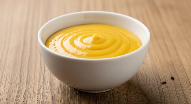 A white ceramic bowl filled with creamy honey mustard sauce, featuring a smooth texture and vibrant yellow color on a rustic wooden surface, dressing, sweetness, creamy