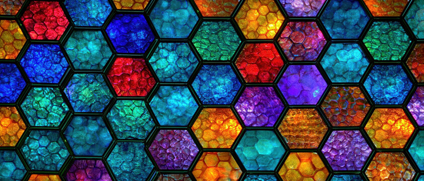 Hexagonal stained glass mosaic colorful abstract pattern with bright light and textured surface