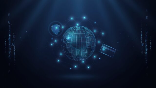 Blue glowing 3d earth with credit card and shield globe