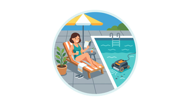 Woman relaxing by pool while robotic cleaner works