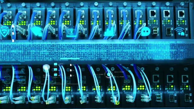 Technology fiber optic data, high tech network transmission, network switch panel with blue and white Ethernet cables connected to ports, overlaid with glowing digital icons and binary code.