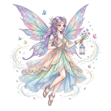 Watercolor Fairy Garden Clipart Whimsical Fairy House Flowers Wings Illustration